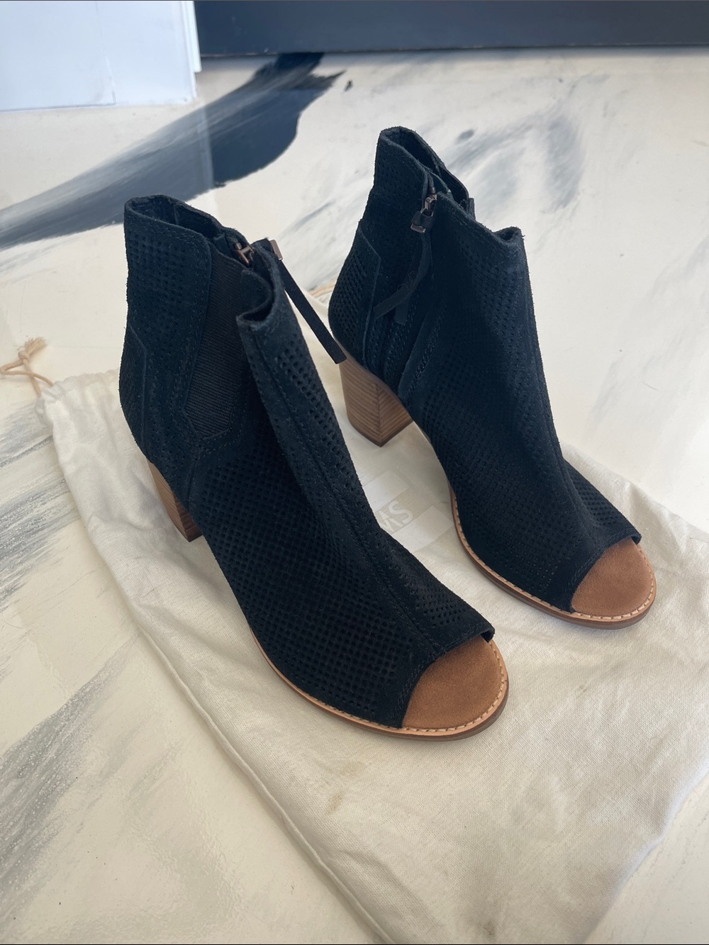 Toms Black Open-Toe Suede Ankle Booties with Brown Sole
